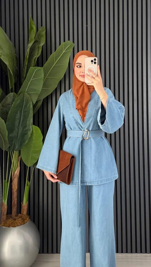 Denim Belt Detailed Trousers Set Light Blue