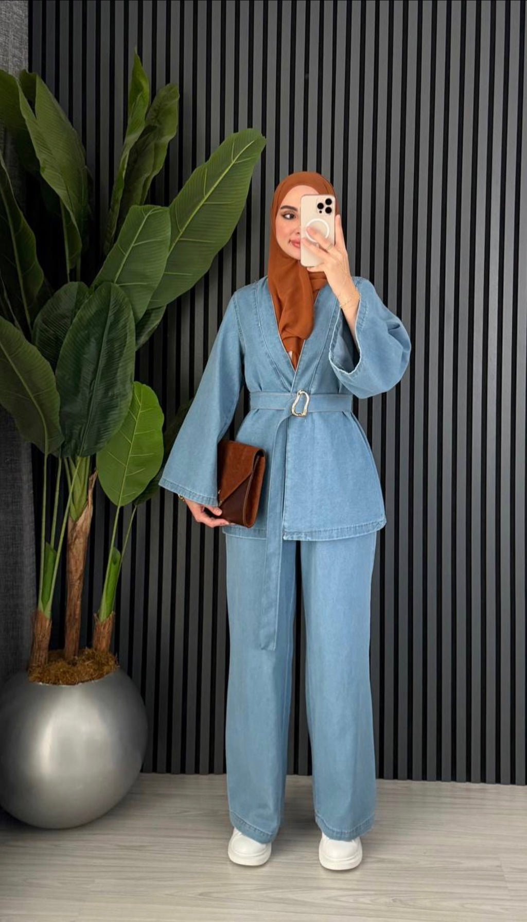 Denim Belt Detailed Trousers Set Light Blue