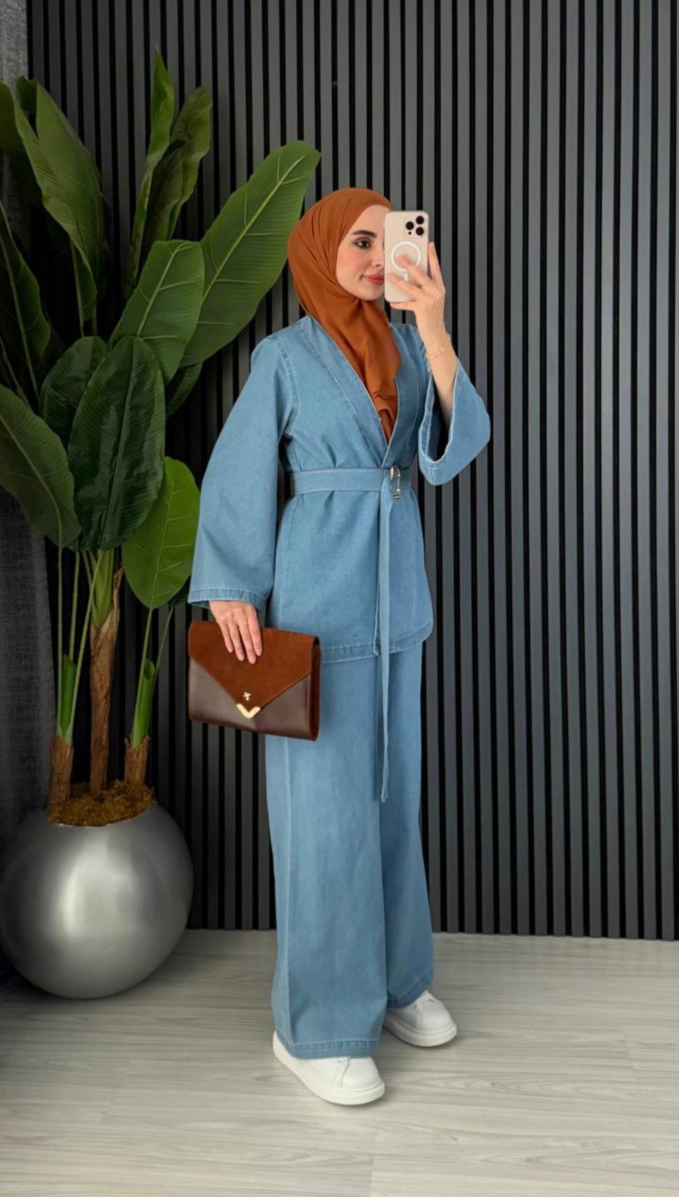 Denim Belt Detailed Trousers Set Light Blue