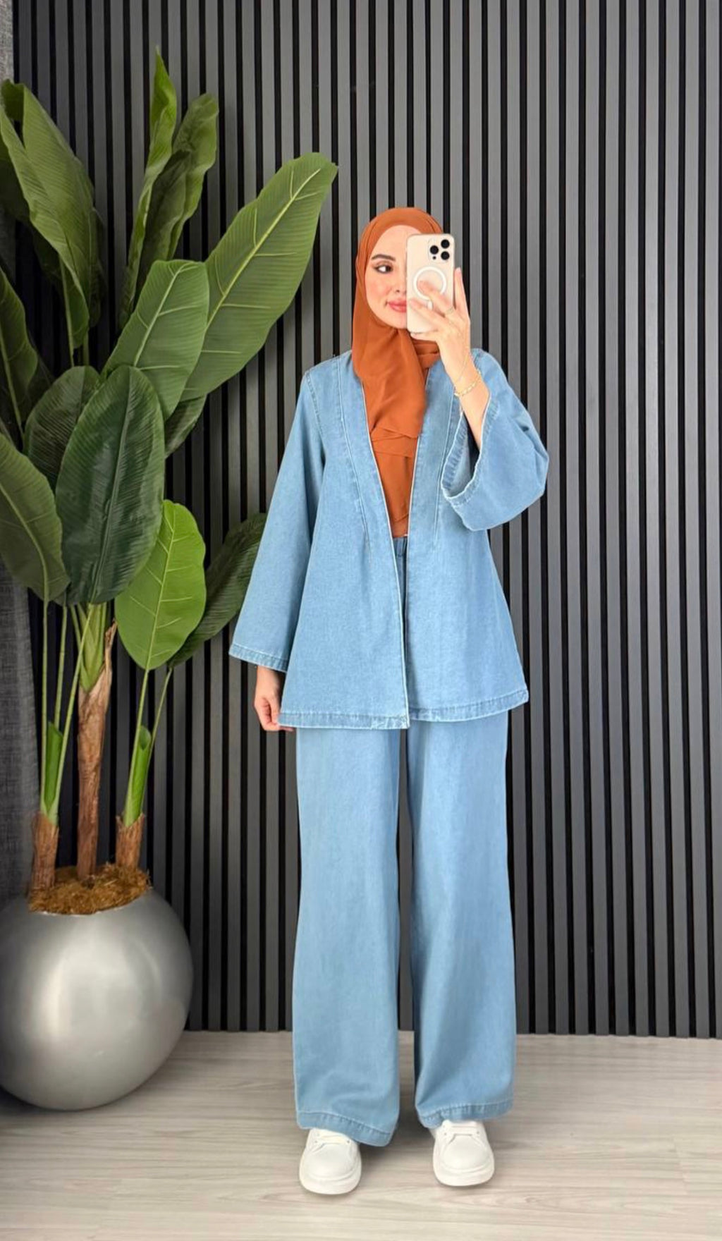 Denim Belt Detailed Trousers Set Light Blue