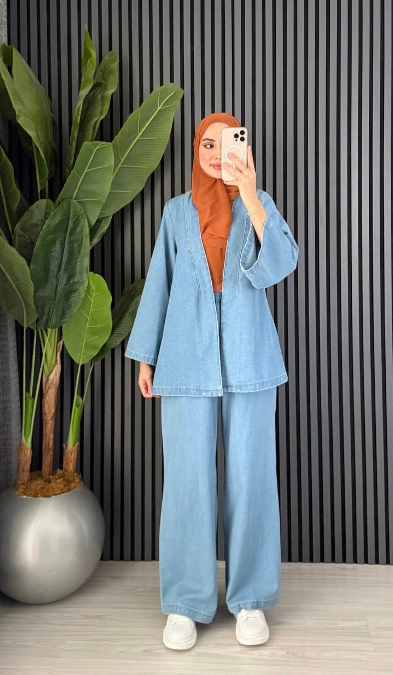 Denim Belt Detailed Trousers Set Light Blue