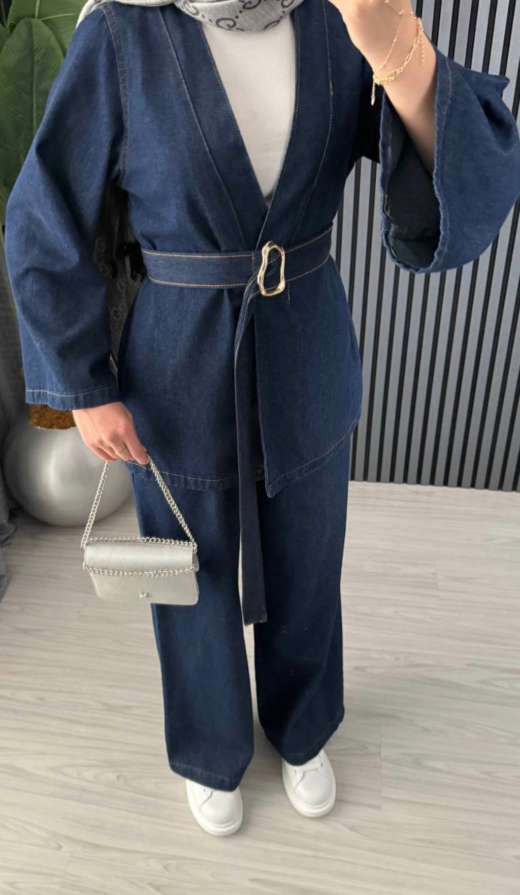 Denim Belt Detailed Trousers Set Dark Blue