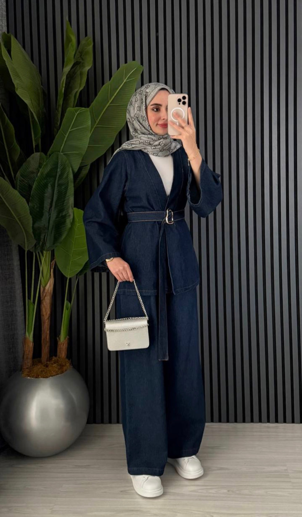 Denim Belt Detailed Trousers Set Dark Blue