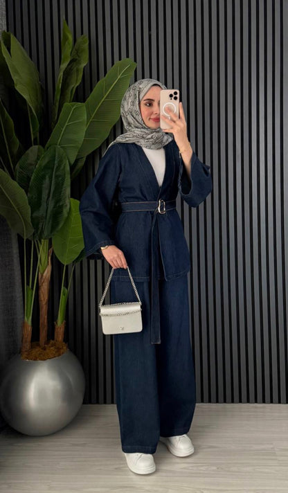 Denim Belt Detailed Trousers Set Dark Blue