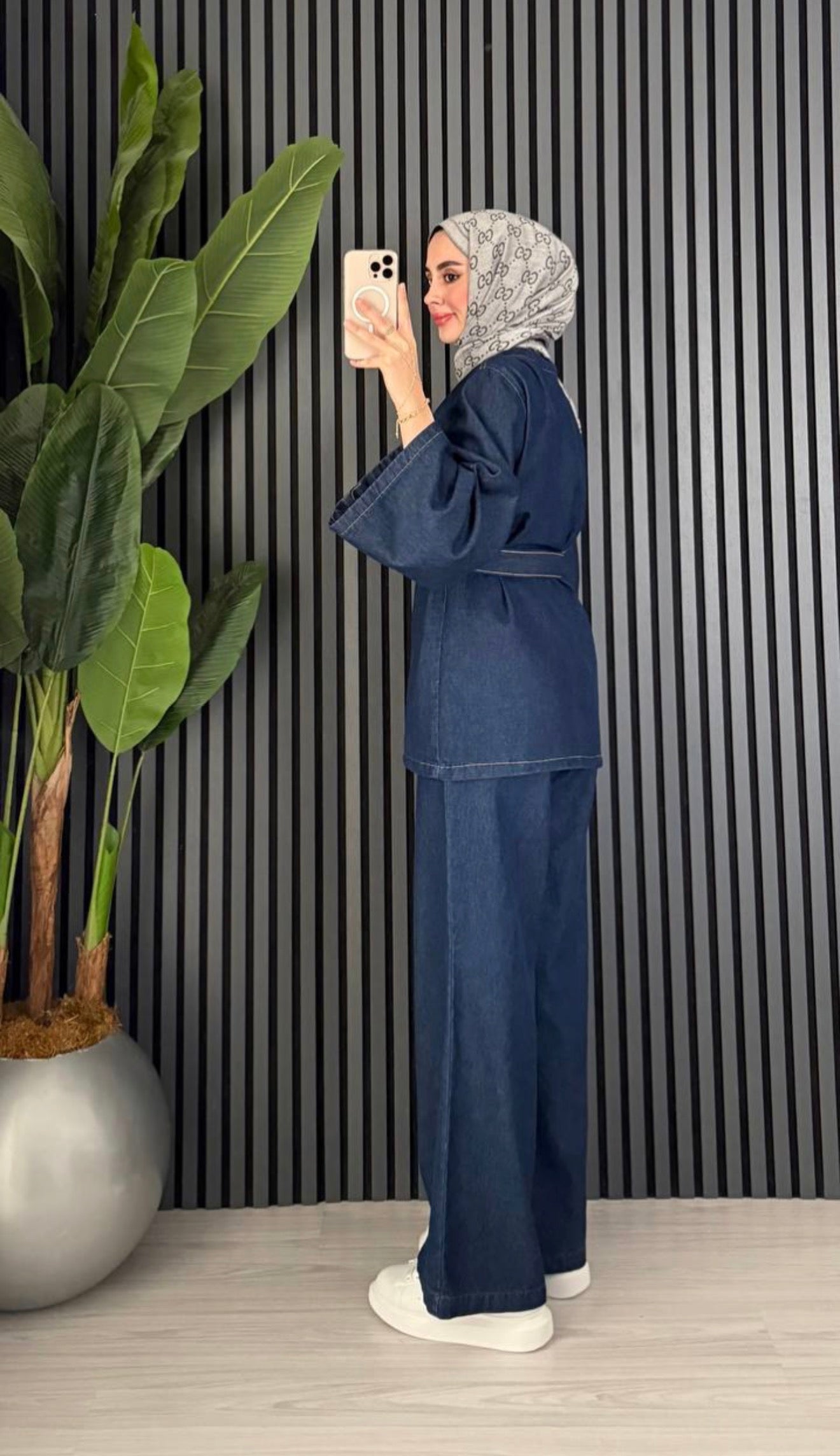 Denim Belt Detailed Trousers Set Dark Blue