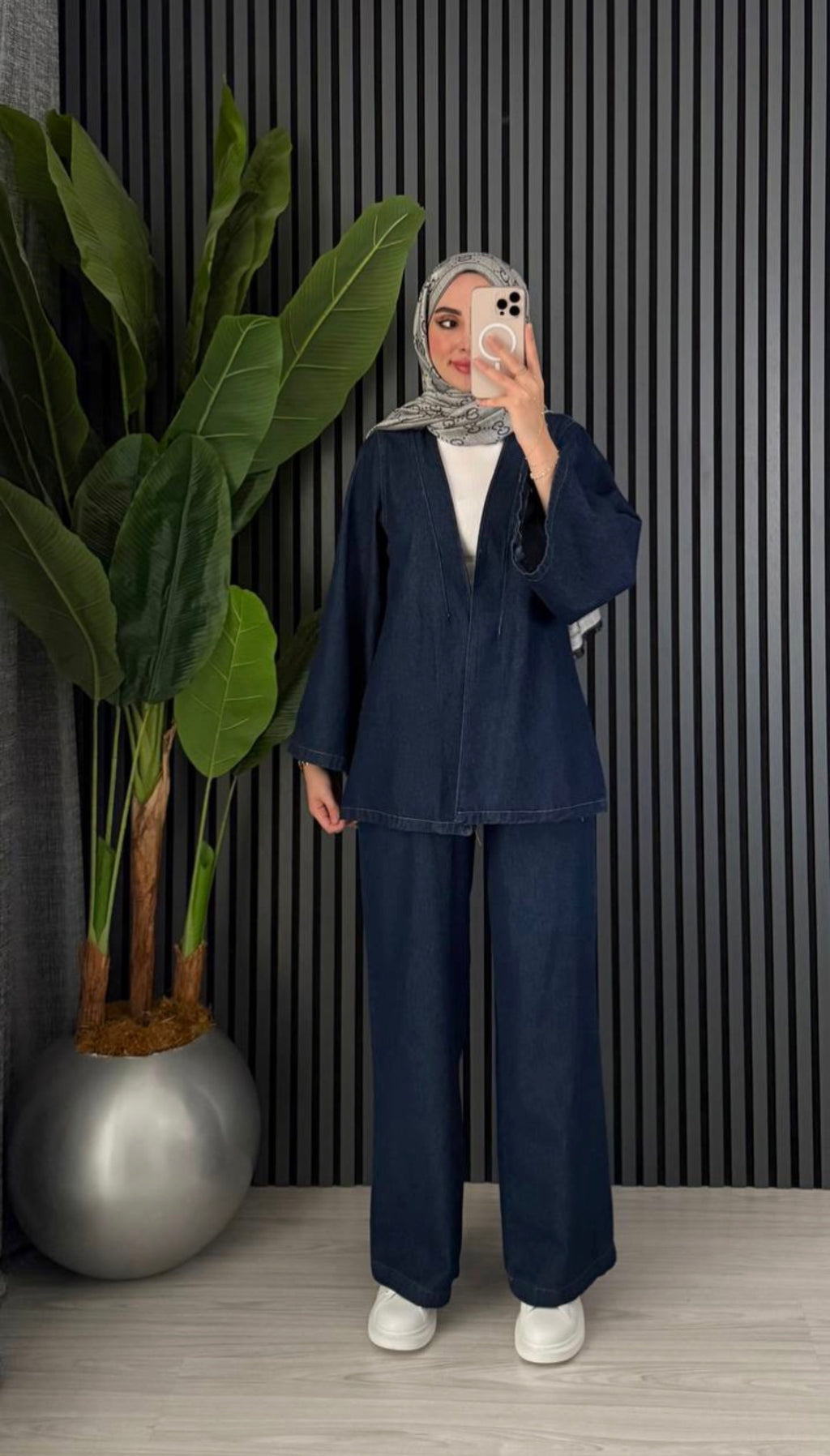 Denim Belt Detailed Trousers Set Dark Blue