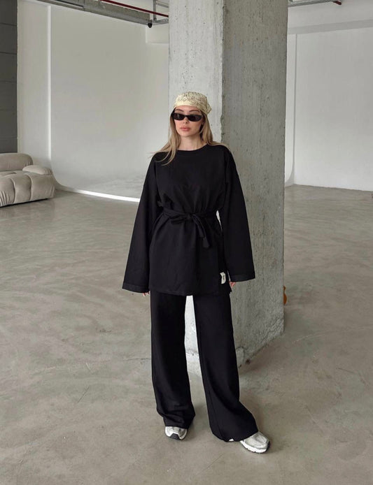 HAYA Tie-Waist Tunic Two Piece Suit - Black