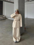 HAYA Tie-Waist Tunic Two Piece Suit - Biege