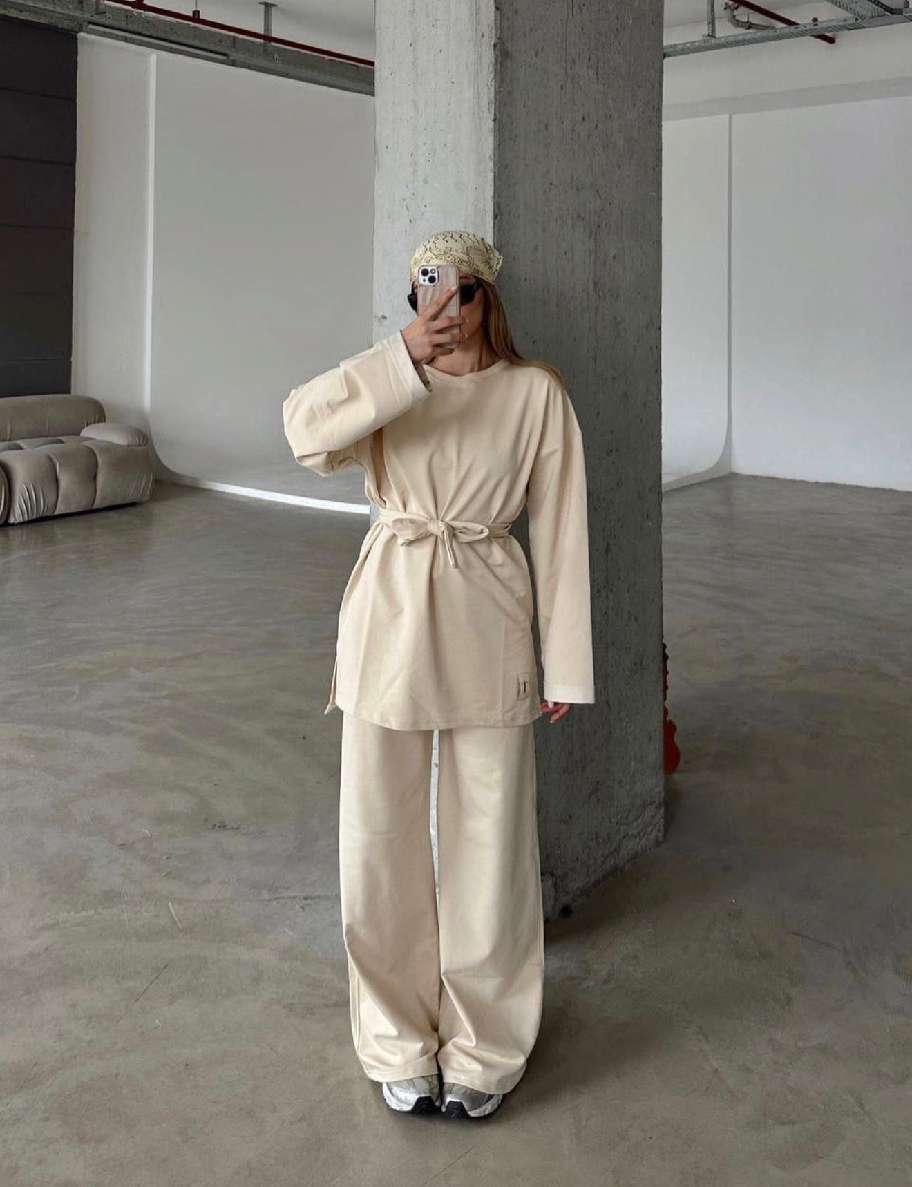 HAYA Tie-Waist Tunic Two Piece Suit - Biege