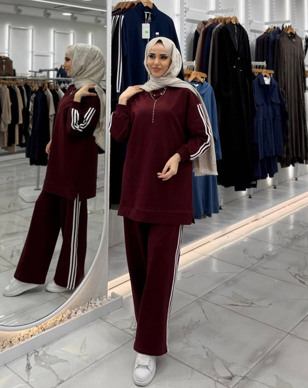 Modest Two Piece Stripped Tracksuit - Olive Green