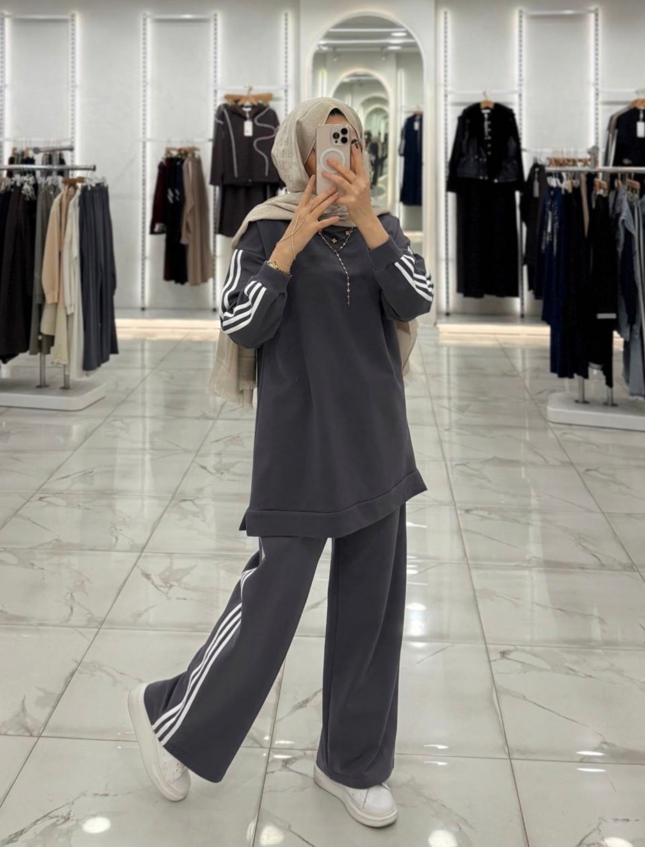 Modest Two Piece Stripped Tracksuit - Olive Green