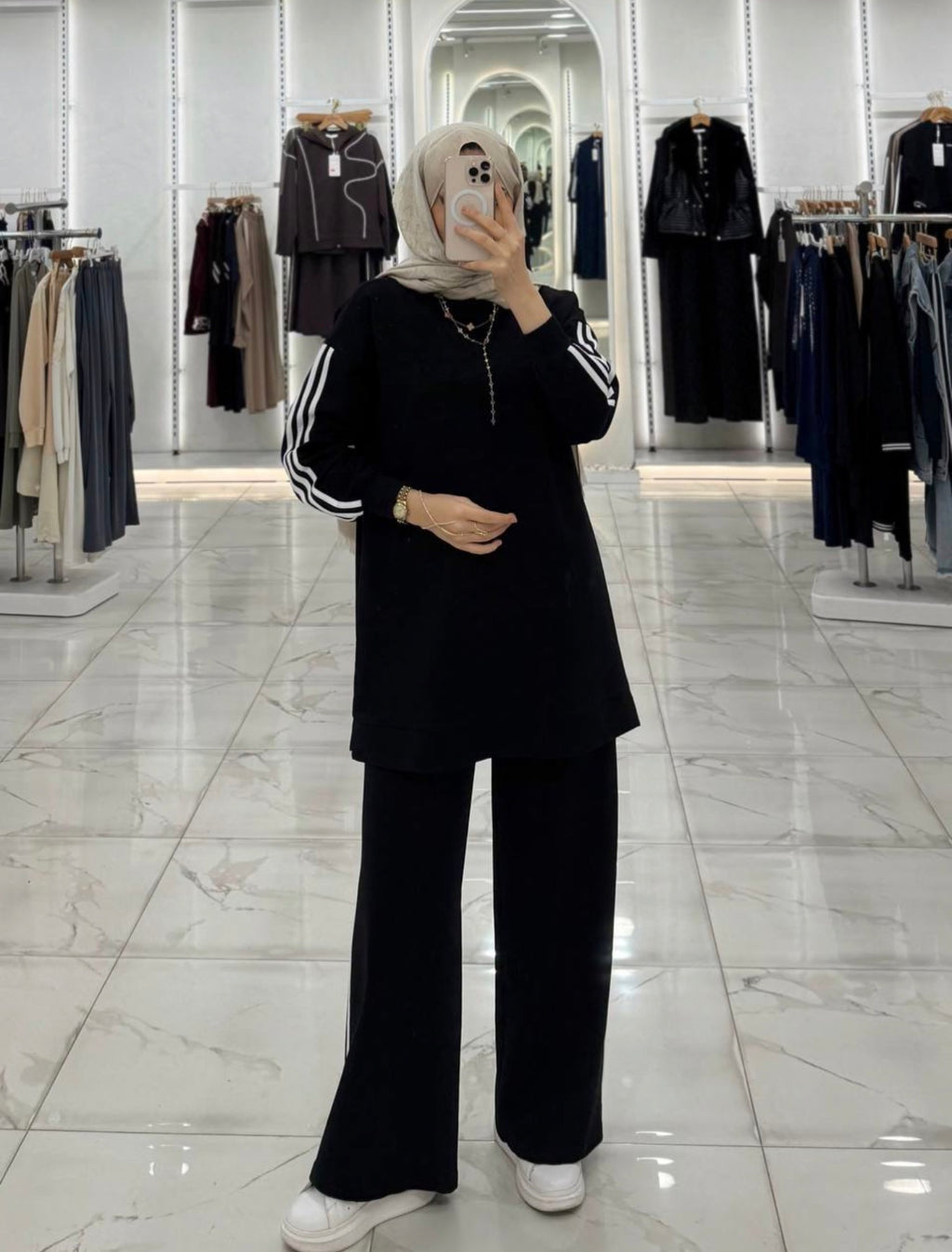 Modest Two Piece Stripped Tracksuit - Olive Green
