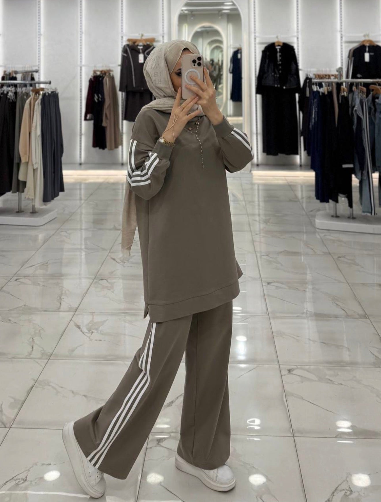 Modest Two Piece Stripped Tracksuit - Olive Green