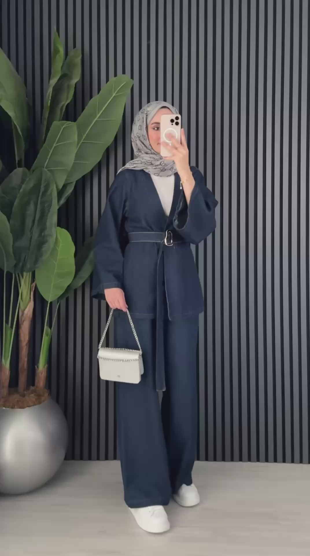 Denim Belt Detailed Trousers Set Dark Blue